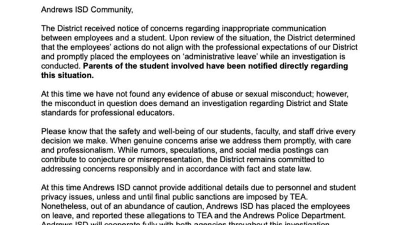 AISD no puede proporcionar detalles adicionales debido a cuestiones de privacidad del personal...