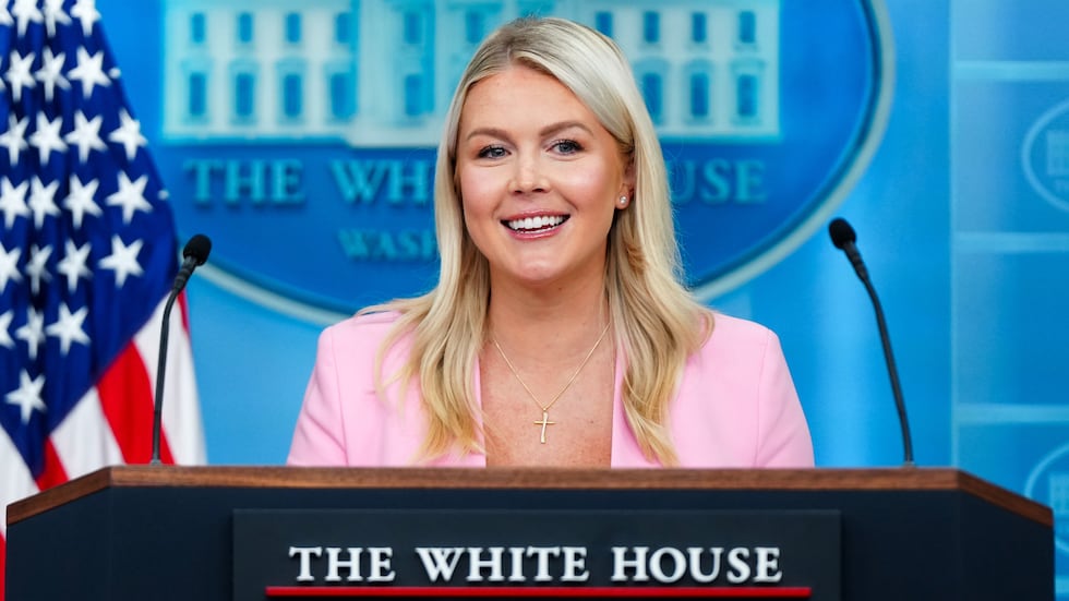 FILE - White House press secretary Karoline Leavitt speaks with reporters in the James Brady...