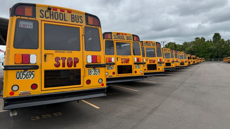 Imagen muestra autobuses escolares estacionados en Dayton, Ohio, el 21 de agosto de 2025. (AP...