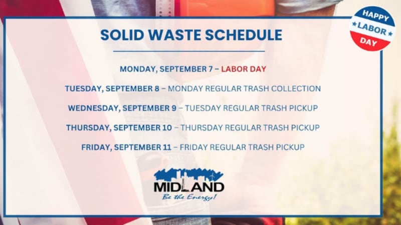 Debido al feriado, el servicio de recolección de basura en Midland operará bajo un calendario...