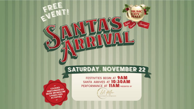 Santa Claus will make his grand arrival at Music City Mall Saturday at 10:30 a.m., joined by...