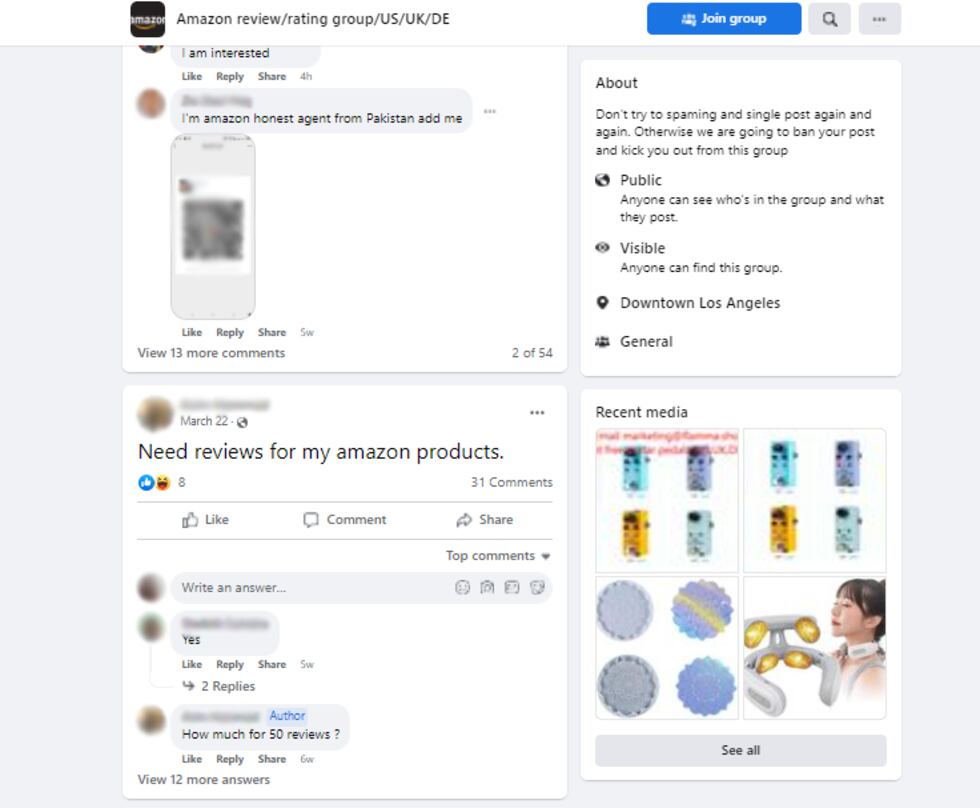 Esta persona escribe en un post de Facebook: "necesito reseñas para mis productos de Amazon"...
