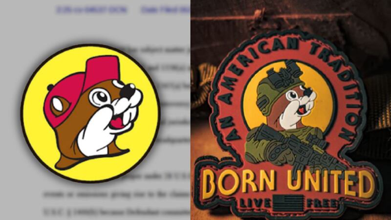 El logotipo registrado de Bucee's a la izquierda, el parche «Tac-Bucc» de Born United a la...