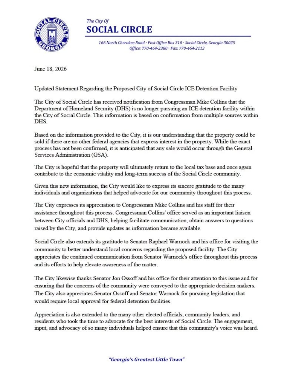 Comunicado de Social Circle.