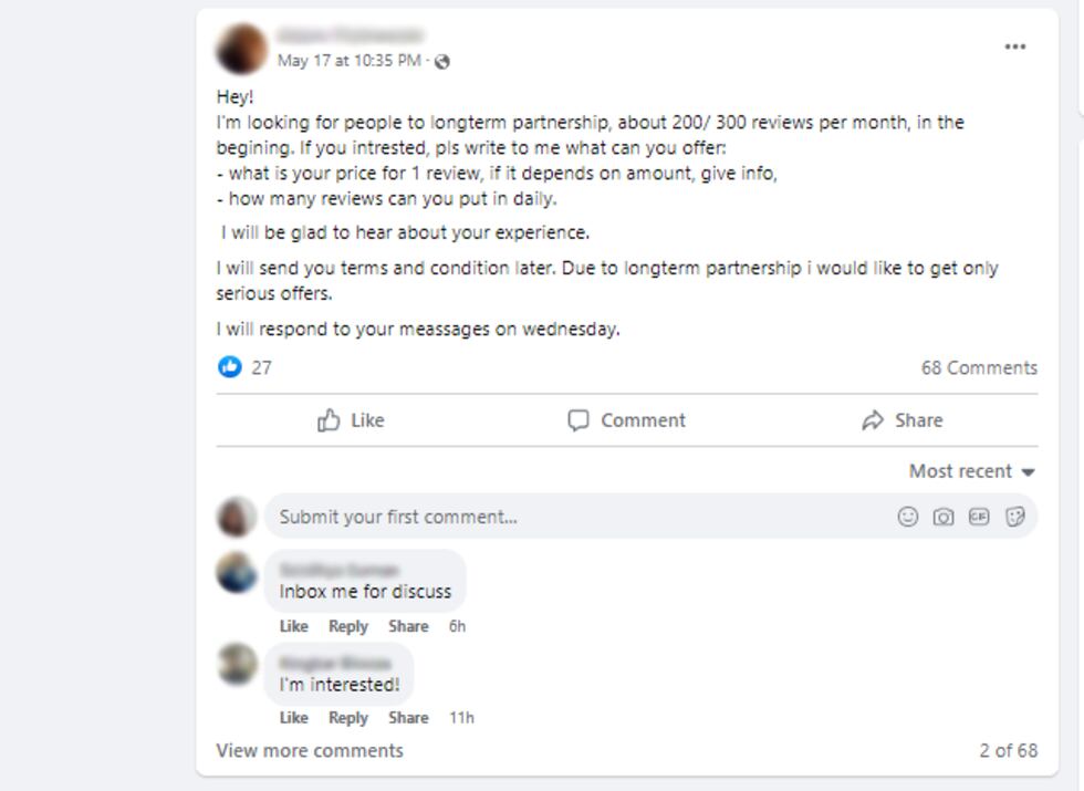 En esta publicación de Facebook se pide a alguien que esté interesado en crear "una asociación...