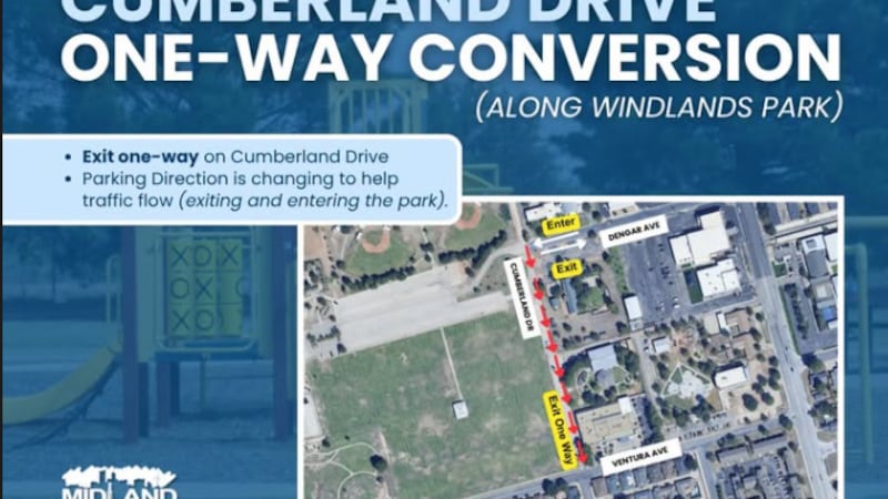 De acuerdo con el aviso, Cumberland Drive fue convertida en una vía de un solo sentido para...