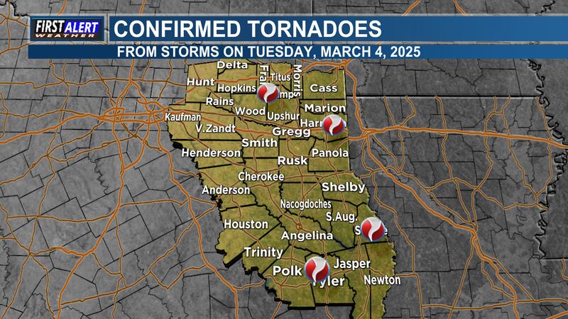 Servicio Meteorológico Nacional confirma ahora 4 tornados EF-1 en el este de Texas el martes
